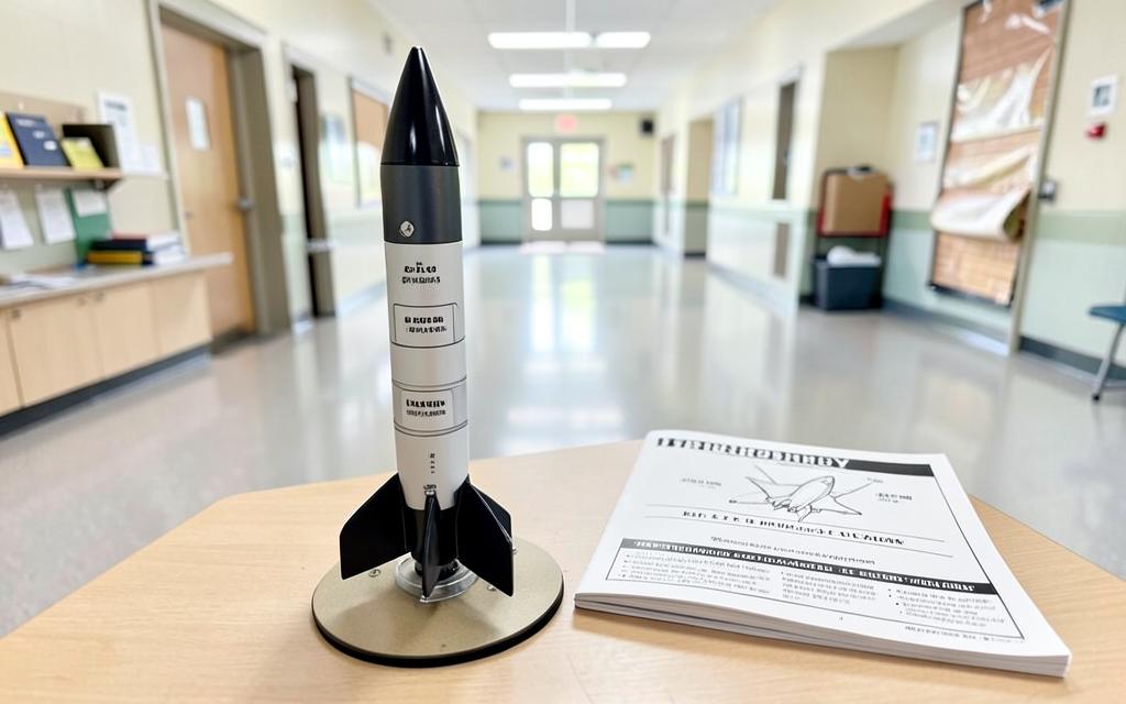 Labeled model rocket replica displayed beside the printed rocketry guidebook