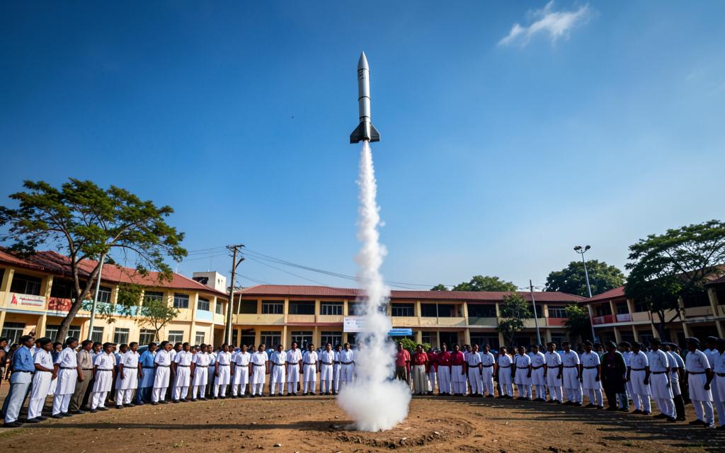 A model rocket lifting off from a school ground while students watch