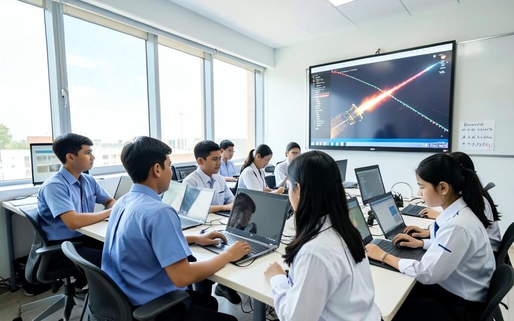 Students running a rocket mission simulation on laptops