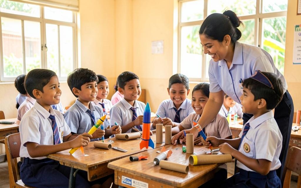 School students building model rockets with a teacher