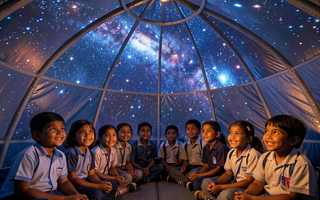Students watching a star show inside an inflatable planetarium dome