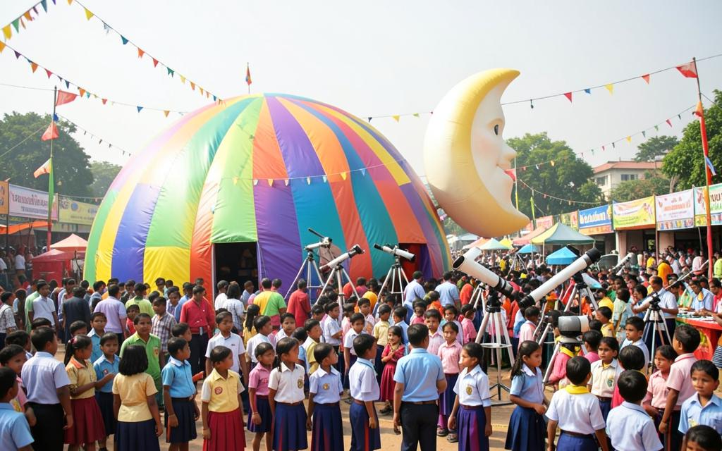 A school ground space carnival with an inflatable dome, giant moon and telescopes