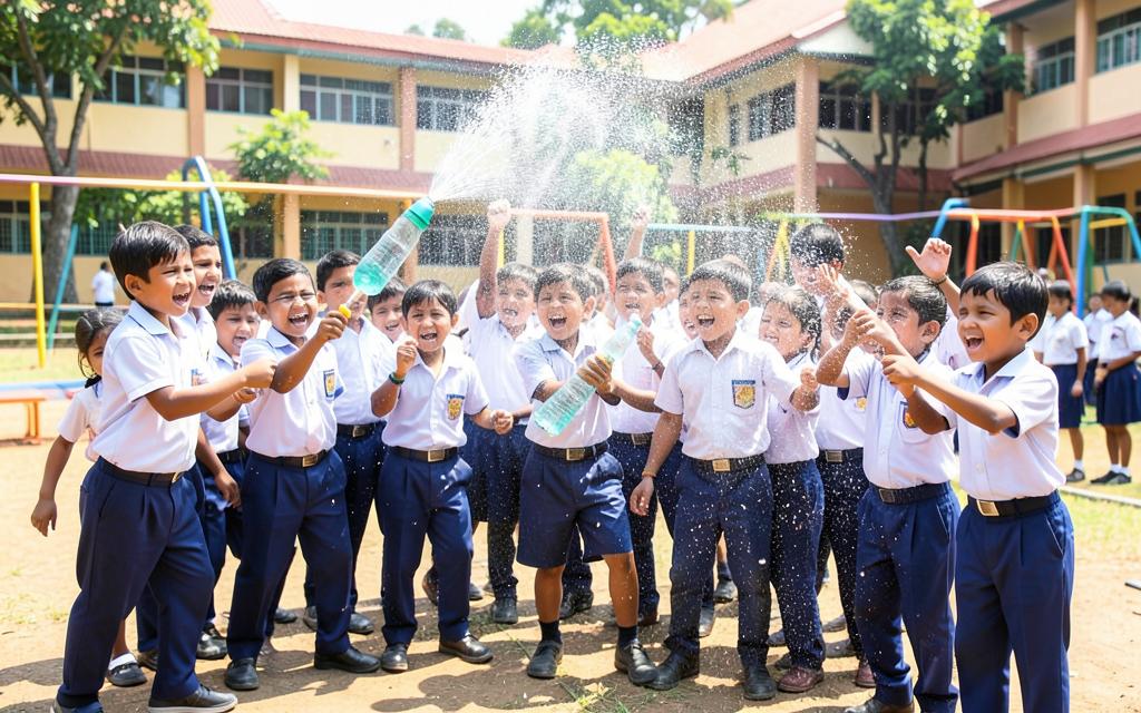 Students cheering as a water rocket launches on the school ground